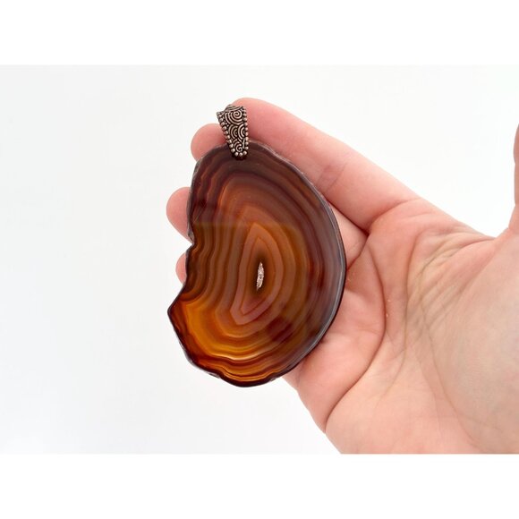 Brown Sliced Agate Stone Freeform Shaped Large Silver Toned Vintage Pendant - Picture 9 of 11